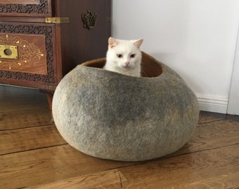 Pet / Dog / Cat Bed / Cave / House / Vessel / Cocoon - Hand Felted Wool - Grey Mustard Ombre  - Crisp Contemporary Modern Design