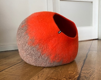 Cat Bed Cave Hut Cocoon, Pet Bed, Kitty Bed, Dog Sleeping Bag, Hand Felted Wool, Modern Minimalist Design - Bright Orange Ombre Natural Wool