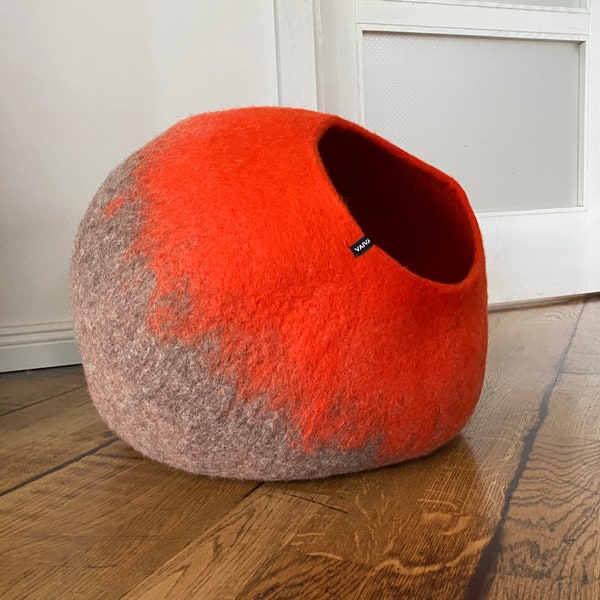 Cat Bed Cave Cocoon, Pet Bed, Kitty Hut, Cat Basket, Small Dog Cave, Handmade Modern Minimalist Design - Bright Orange Ombre Natural Wool