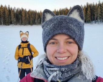 Handmade Felted Merino Wool Cat Hat with Ears – Animal Cosplay, Unisex