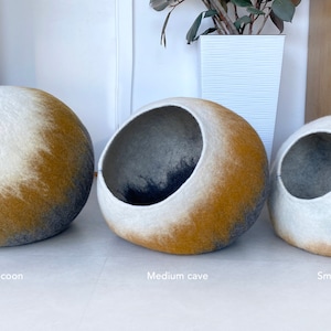 Modern Grey Mustard Wool Felt Cat Bed Furniture, Cat Cave, Pet Cocoon House, Small Dog Bed, Kitty Warmer, Hand Felted, Smart Design image 4