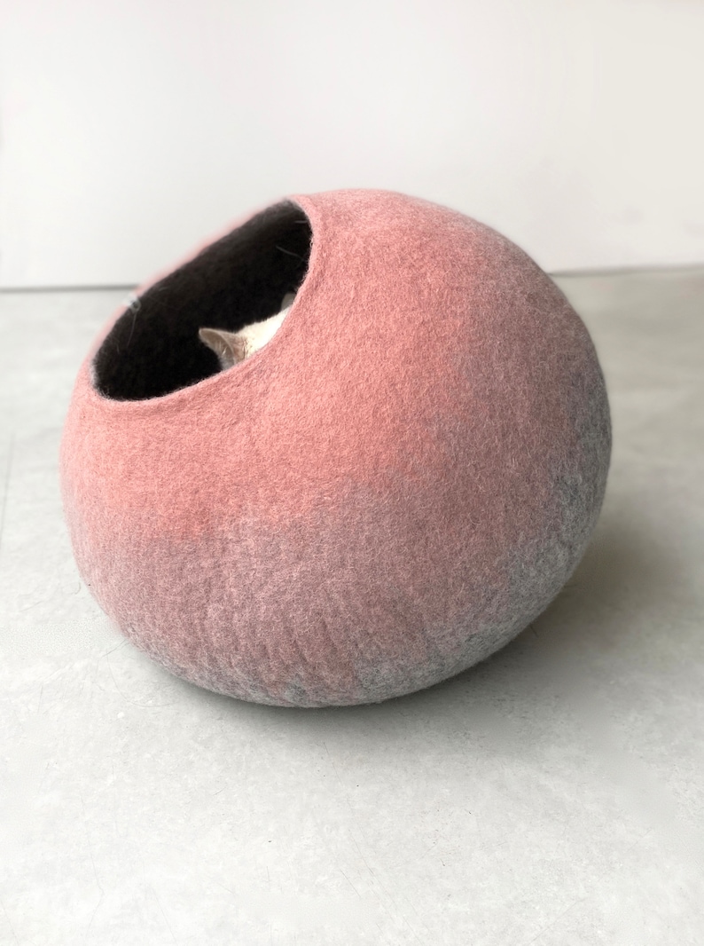 Handmade Wool Felt Pink Cat Igloo Cave Hideaway Bed House Furniture Nest Cocoon Artisan Crafted Modern Contemporary Design image 3