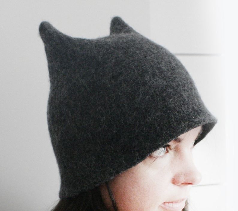 Gray Beetle Hat Ears HatMan Hat Animal Hat Horns hat Winter Hat Millinery Hat Hand Felted Wool All SizesAdultToddler Men Gift