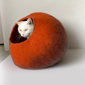 Handcrafted Artisan Wool Cat Cave Bed Luxury Pet Cocoon in Rusty Orange for Modern Home Decor image 4