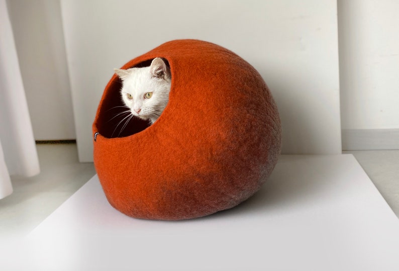 Handcrafted Artisan Wool Cat Cave Bed Luxury Pet Cocoon in Rusty Orange for Modern Home Decor image 4