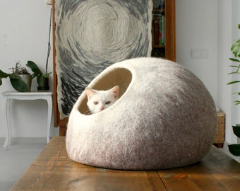 Cat Bed Cave Cocoon, Pet House Wool Vessel, Cat Furniture - Hand Felted Wool - Modern Minimalist Design - Beige White Home Decor