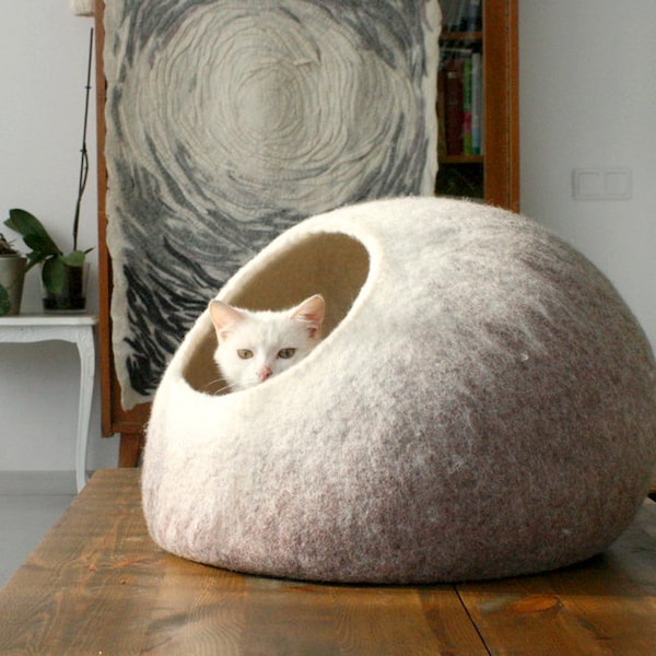 Cat Bed Cave Cocoon, Pet House Wool Vessel, Cat Furniture - Hand Felted Wool - Modern Minimalist Design - Beige White Home Decor