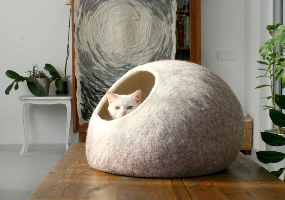 Cat Bed Cave Cocoon, Pet House Wool Vessel, Cat Furniture - Hand Felted Wool - Modern Minimalist Design - Beige White Home Decor