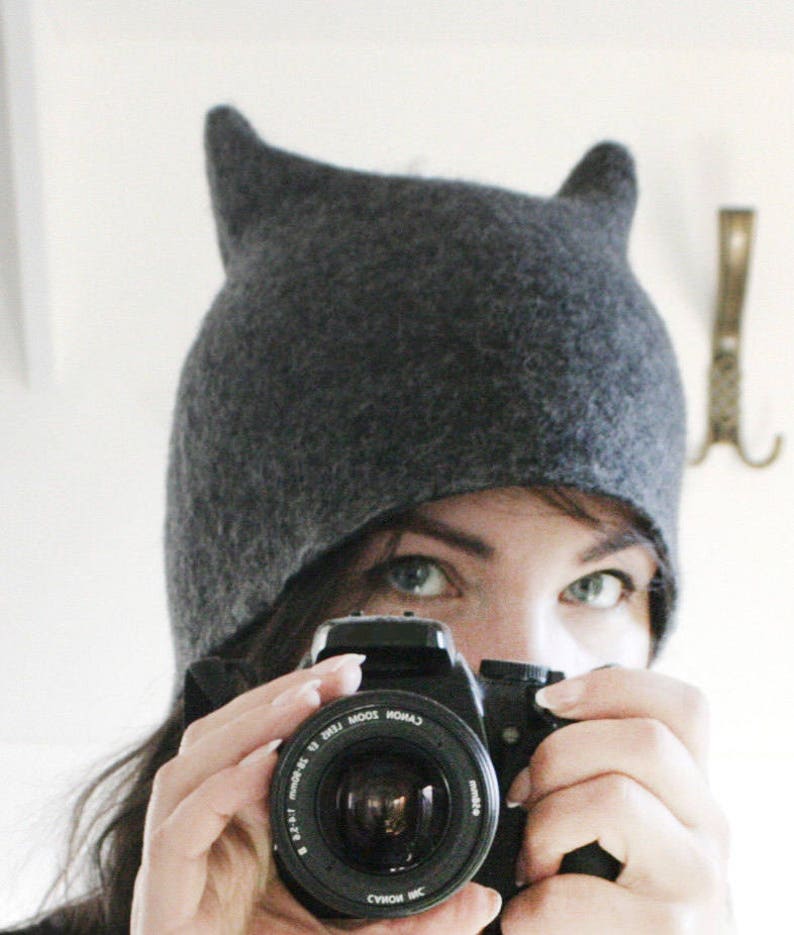 Gray Beetle Hat Ears HatMan Hat Animal Hat Horns hat Winter Hat Millinery Hat Hand Felted Wool All SizesAdultToddler Men Gift