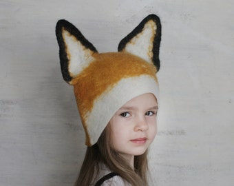 Realistic Felt Fox Animal Hat with Ears / Hand Felted Wool - Unisex / Sizes for Toddler, Kid, Adult