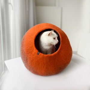 Op de afbeelding: Een witte kat zit in een rond, oranje kattenbed van vilt. Het bed heeft een donkerbruine accent rond de opening.