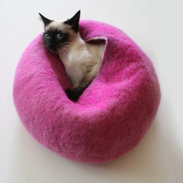 SALE - Last one / Pink Cat Nap Cocoon Furniture / Cave / Bed / Bubble House / Vessel - Hand Felt Wool - Crisp Contemporary Design