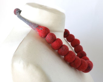 Bold Red Felted Wool Necklace - Handmade Artisan Jewelry for Fashion Statement