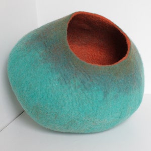 Cat Bed / Cat Cocoon / Cat Cave House / Felt Pet Furniture, Hand Felted Wool - Teal Orange Bubble - Crisp Contemporary Modern Minimal Design