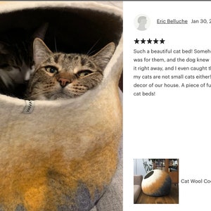 Cat Wool Cave Bed, Pet House Dog Sleeping Bag Hand Felted Wool Furniture Modern Home Decor Cocoon Design Art, White Mustard Grey Bubble zdjęcie 9