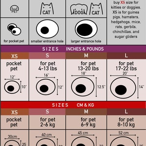 May include: A chart showing different sizes of pet beds, with measurements in inches and pounds, and centimeters and kilograms. The chart is divided into four columns: XS, S, M, and L. Each column shows a diagram of a pet bed with the corresponding size and weight range. The chart also includes a note that the XS size is for guinea pigs, hamsters, hedgehogs, mice, rats, gerbils, chinchillas, and sugar gliders.