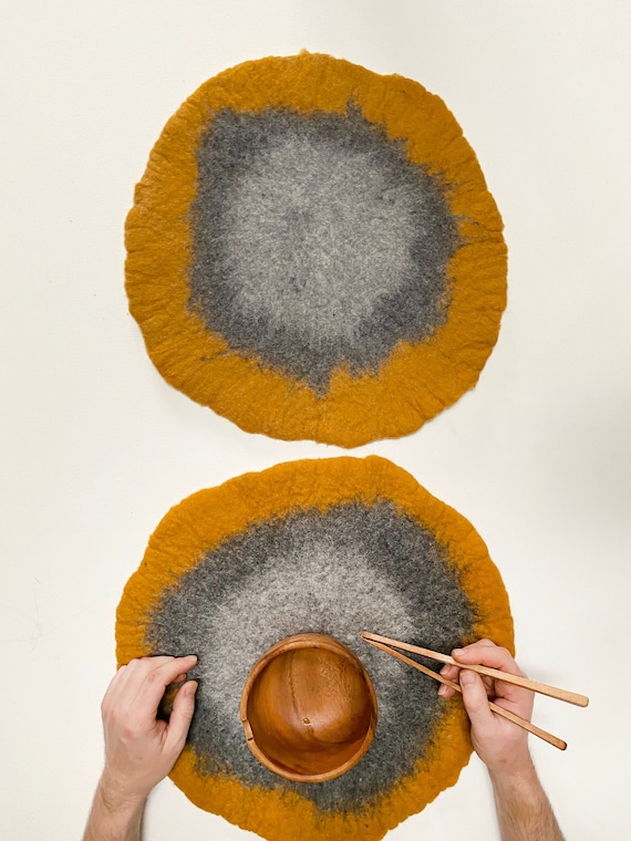 Table Mat, Plate Placemat, Hot Pot Holder, Natural Merino Wool Fibre Art Hand Felted Round Circle Fungi, Minimalist Modern Design Home Decor
