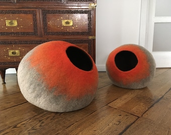 Felt Cat Bed / Cat Cave / House / Kitty Nest / Pet Furniture Vessel - Hand Felted Wool - Beige To Orange Stone - Crisp Modern Rustic Design