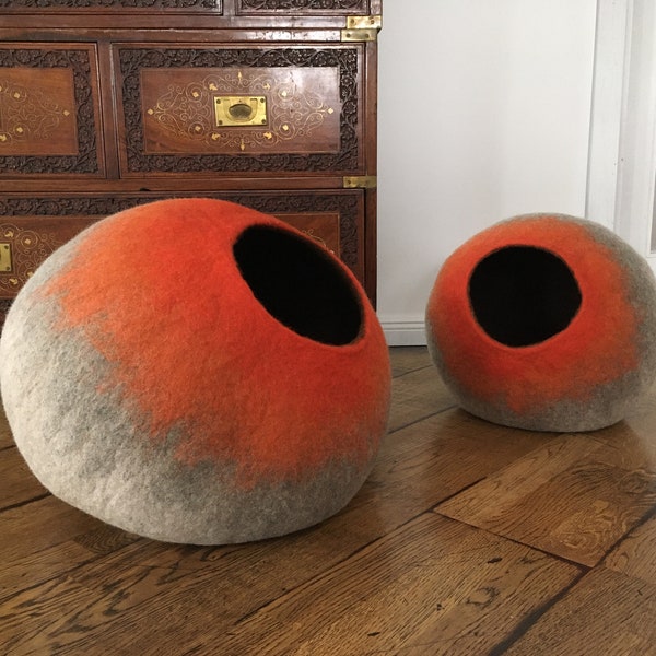 Felt Cat Bed / Cat Cave / House / Kitty Nest / Pet Furniture Vessel - Hand Felted Wool - Beige To Orange Stone - Crisp Modern Rustic Design