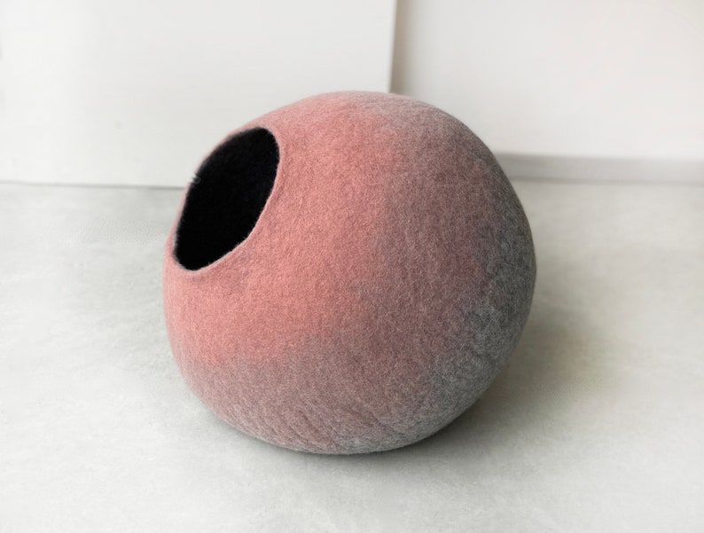 Handmade Wool Felt Pink Cat Igloo Cave Hideaway Bed House Furniture Nest Cocoon Artisan Crafted Modern Contemporary Design image 6