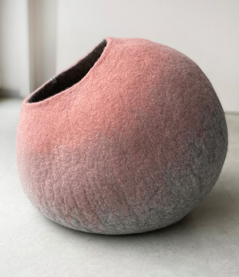 Handmade Wool Felt Pink Cat Igloo Cave Hideaway Bed House Furniture Nest Cocoon Artisan Crafted Modern Contemporary Design image 7