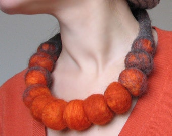 Orange & Grey Wool Beads Necklace - Unique Handmade Artisan Jewelry for Statement Style