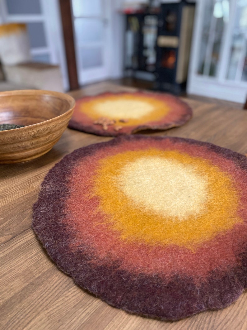 Handmade Wool Round Felt Placemats in Warm Maroon Yellow Felted Wool Table Protector, Coaster, Hot Pad Eco-Friendly natural Charger Mats image 1