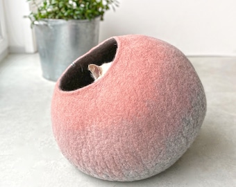 Handmade Wool Felt Pink Cat Igloo Cave Hideaway Bed House Furniture Nest Cocoon - Artisan Crafted Modern Contemporary Design