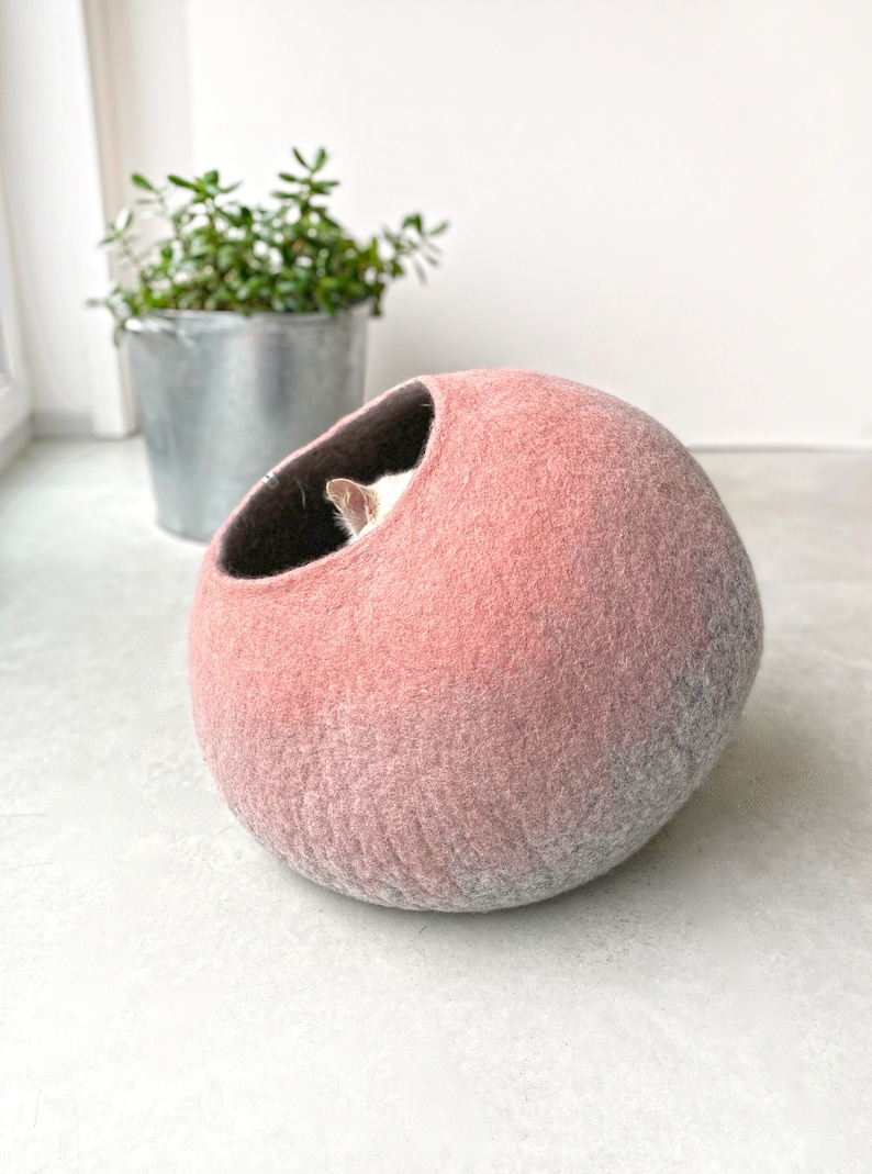 Handmade Wool Felt Pink Cat Igloo Cave Hideaway Bed House Furniture Nest Cocoon Artisan Crafted Modern Contemporary Design image 1