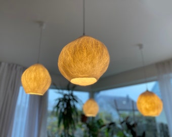 Modern Minimalist Handmade Round Lamp Shade, Natural White Wool, Artisan Design, Warm Cozy Ambiance | Serene Bedroom & Living Space Lighting