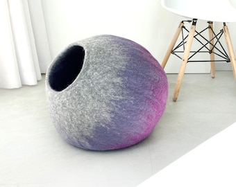 Cat Bed Wool Bed Cave Cocoon Pet Furniture Artisan Made Handmade Wool Napping Spot, Cat Cave Bed interior Decor Functional Art Purple Ombre