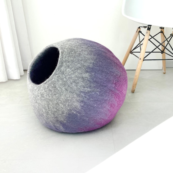 Cat Bed Wool Bed Cave Cocoon Pet Furniture Artisan Made Handmade Wool Napping Spot, Cat Cave Bed interior Decor Functional Art Purple Ombre