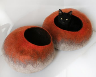 Modern Cat Bed / Felt Cat Cave Furniture / Kitty Cocoon House  Hand Felted Wool - Beige To Orange Stone, Crisp Modern Design, Functional Art