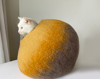 Handmade Wool Cat Bed | Cozy Felt Cave Cocoon Nest | Modern Sustainable Pet Furniture, Warm Yellow, Washable
