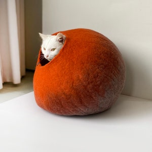 Op de afbeelding: Een witte kat kijkt uit een rond, oranje kattenbed van vilt. Het bed is gemaakt van gevilt wol en heeft een zachte, knusse textuur.