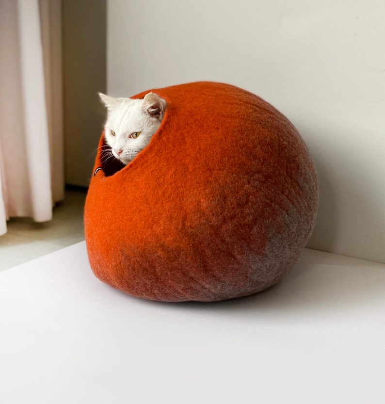 Op de afbeelding: Een witte kat kijkt uit een rond, oranje kattenbed van vilt. Het bed is gemaakt van gevilt wol en heeft een zachte, knusse textuur.