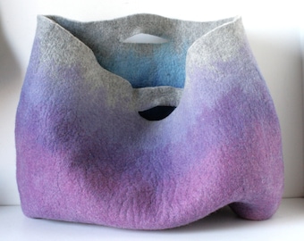 Oversized Large Everyday Art Bag, Felt Tote Basket, Carryall Handbag for Shopping, Travel, Storage / Sturdy Hand felted wool in Purple Ombre