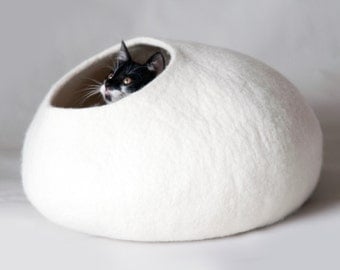 Felt Cat Bed, Dog Cave, Kitty House, Pet Furniture, Cat Nest / High Quality Hand Felted Wool / White / Crisp Contemporary Modern Design