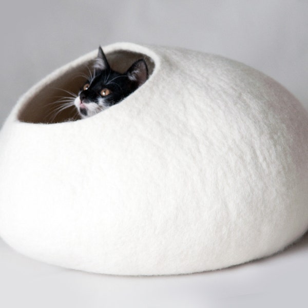 Felt Cat Bed, Dog Cave, Kitty House, Pet Furniture, Cat Nest / High Quality Hand Felted Wool / White / Crisp Contemporary Modern Design