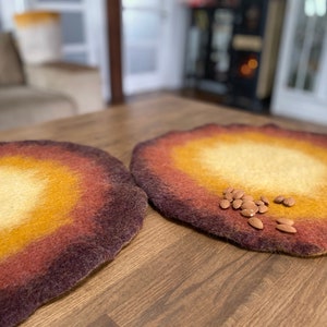 Handmade Wool Round Felt Placemats in Warm Maroon Yellow Felted Wool Table Protector, Coaster, Hot Pad Eco-Friendly natural Charger Mats image 7