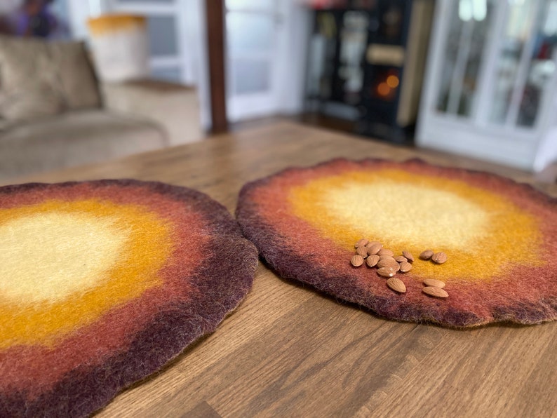 Handmade Wool Round Felt Placemats in Warm Maroon Yellow Felted Wool Table Protector, Coaster, Hot Pad Eco-Friendly natural Charger Mats image 7