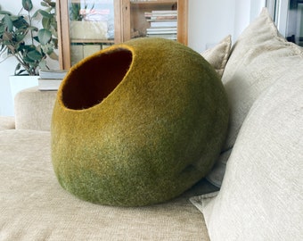 Felt Wool Cat Cave | Handmade Igloo Pet Bed Lounger | Modern Earthy Mustard Green Hideaway | Cozy Cat House Felt Furniture