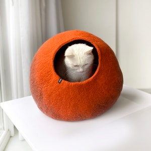 Handcrafted Artisan Wool Cat Cave Bed Luxury Pet Cocoon in Rusty Orange for Modern Home Decor image 6