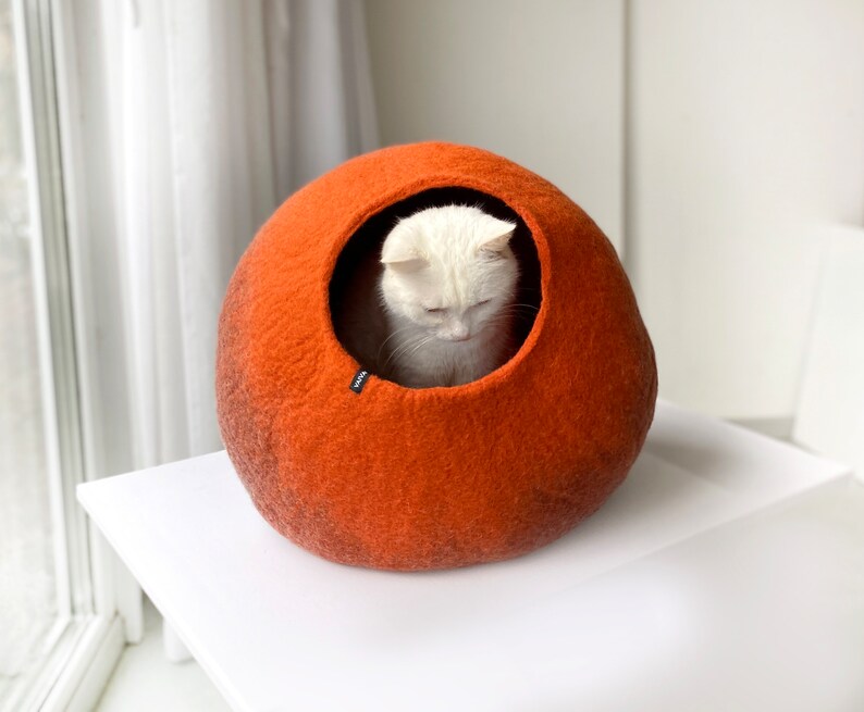 Handcrafted Artisan Wool Cat Cave Bed Luxury Pet Cocoon in Rusty Orange for Modern Home Decor image 6