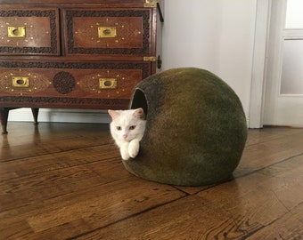 Pet Furniture / Cat Cave / Cat Nap Cocoon / Cat Bed / House / Vessel - Hand Felt Wool - Crisp Contemporary Design - Green Brown Ombre Bubble