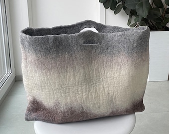 Oversized Off White Tan Sturdy Everyday Carryall Art Bag, Large Tote Basket for Shopping, Market, Picnic / Hand felted wool, Wearable Art