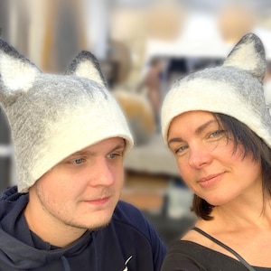 Eco-Friendly Merino Wool Wolf Hat - Artisanal Felt Animal Cap for All Ages - Custom-Fit, Cozy, Unique Design, Friend, Woman gift