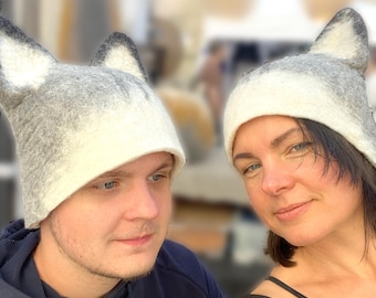 Eco-Friendly Merino Wool Wolf Hat - Artisanal Felt Animal Cap for All Ages - Custom-Fit, Cozy, Unique Design, Friend, Woman gift