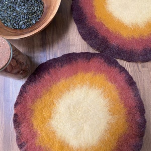 Handmade Wool Round Felt Placemats in Warm Maroon Yellow Felted Wool Table Protector, Coaster, Hot Pad Eco-Friendly natural Charger Mats image 2