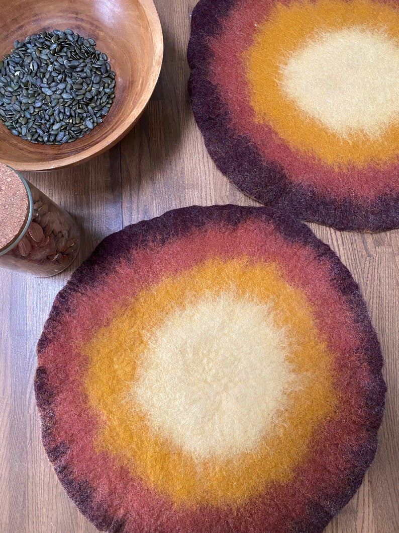 Handmade Wool Round Felt Placemats in Warm Maroon Yellow Felted Wool Table Protector, Coaster, Hot Pad Eco-Friendly natural Charger Mats image 2